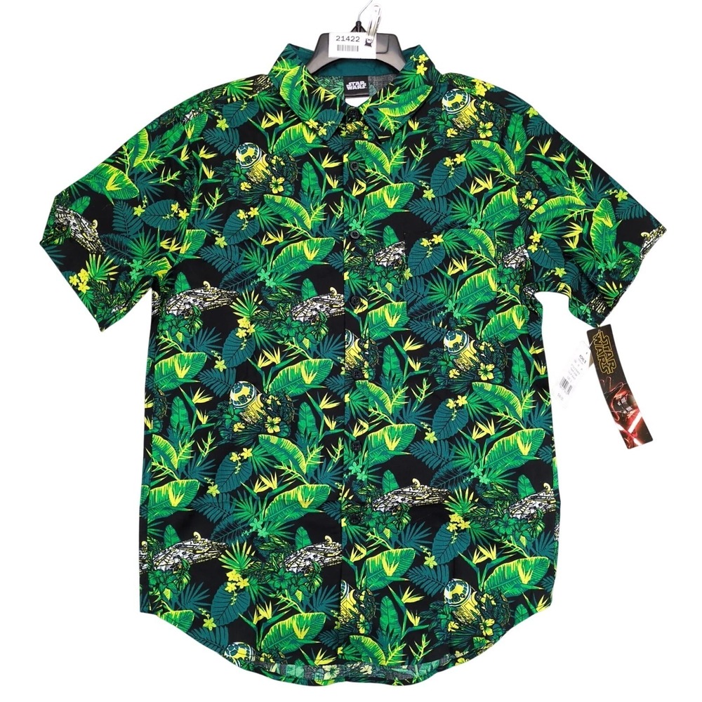 NWT Star Wars Button Hawaiian Shirt Mens S Cotton Jungle Falcon R2D2 Summer Fun